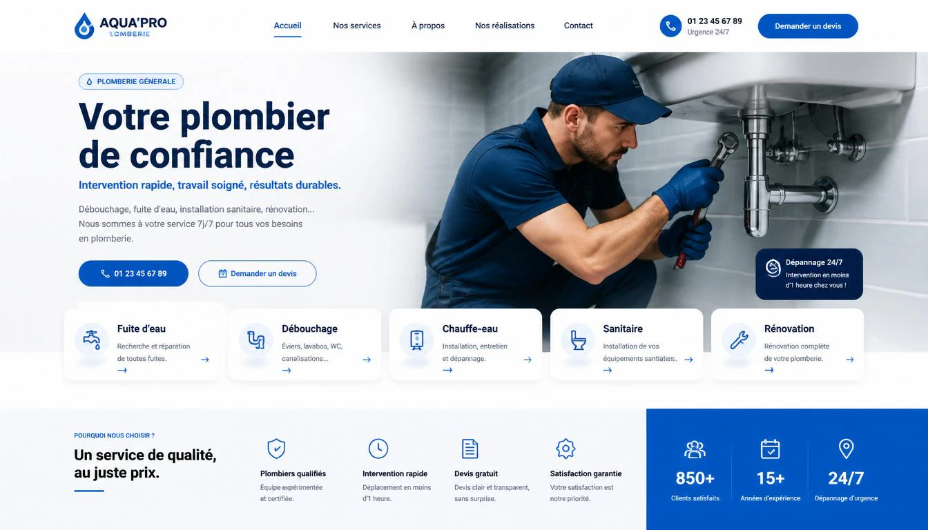 Artisan plombier au travail sur une installation sanitaire — site internet pour plombier