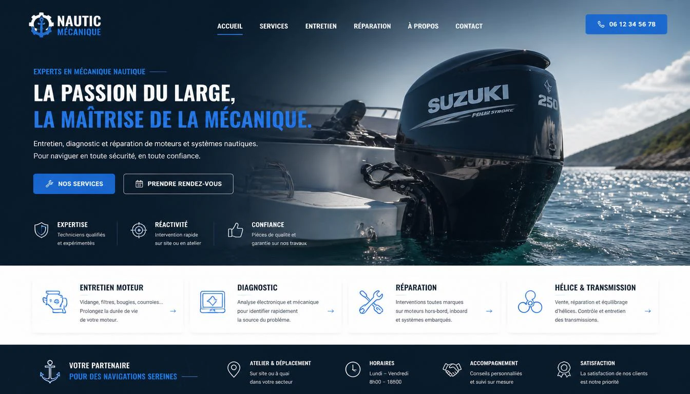 Mockup d'une landing page premium pour un atelier de mécanique nautique